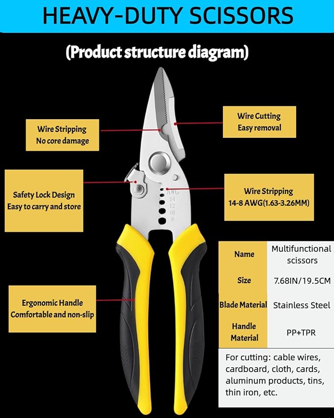 Scissors All Purpose Heavy Duty - Electrician Scissors for Cutting/Stripping Wires - Sharp Shears With Serrated Blades - Utility Snips Easy Cutting Carpet/Cardboard/Wires/Leather/Fabric (7.68In)