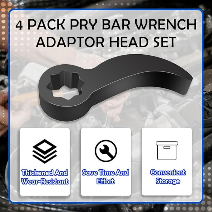 4 Pack Pry Bar Wrench Adaptor Head Set, 1/2" 3/8" Crowbar Adapter Head Half Shaft Removal Car Repairing Tools for Tight Spaces Removal Tool, 2 Sizes Square and Plum, Thickening Steel, Black