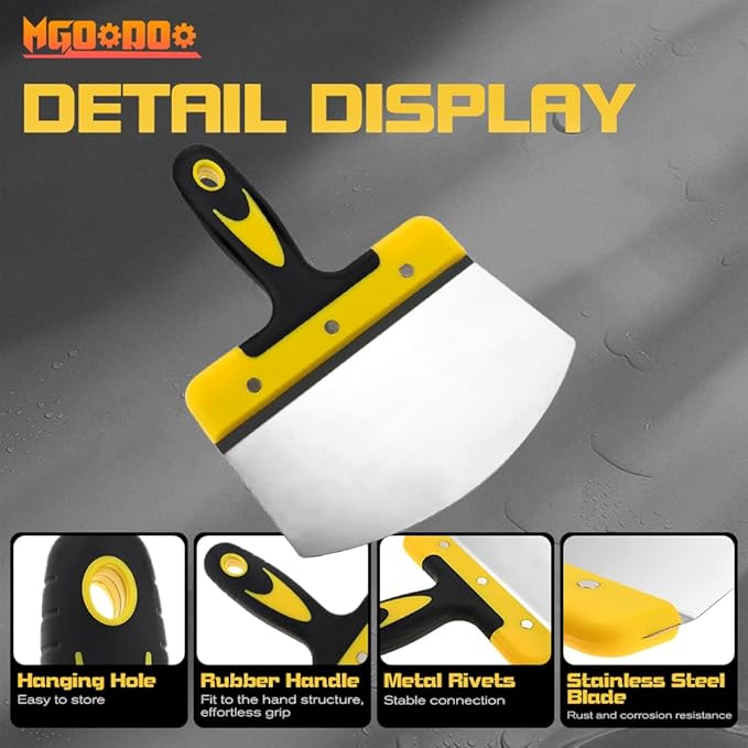 Mgoodoo 2PCS Stainless Steel Bucket Scoop,6.7 inch Curved Contoured Blade Putty Knife for Drywall & Plaster,Rustproof Scraper Tools with Soft-Grip Handle for Clean Paint,Mortar,Putty,etc(Yellow)