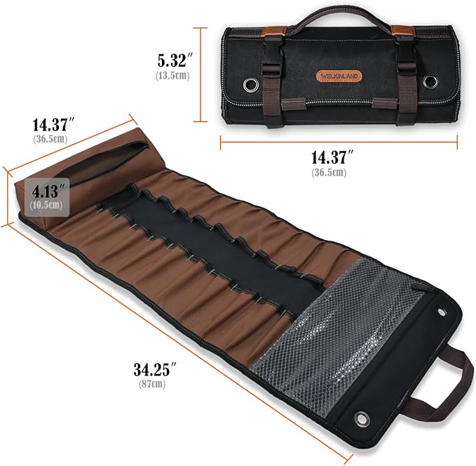 WELKINLAND 23-Pocket Canvas Tool Roll, Heavy-Duty Tool Wrap Roll, Waterproof Canvas Roll Up Tool Bag, 14'' Tool Roll Bag Organizers, Easy-Access Screwdriver Roll Up Pouch
