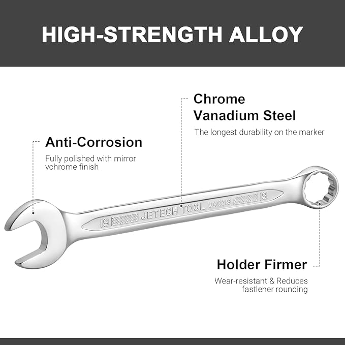 Jetech 19mm Combination Wrench - Industrial Grade Spanners with 12-Point Design, 15-Degree Offset, Made with Durable Chrome Vanadium Steel in Sand Blasted Finish, Forged, Heat-Treated, Metric