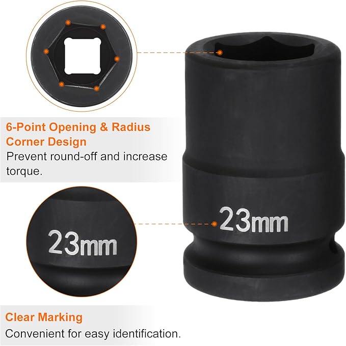 HARFINGTON 6-Point Impact Socket 3/4" Drive 23mm Metric 40Cr Alloy Steel Spindle Axle Nut Impact Socket