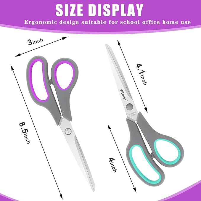 Vitoler Scissors 8.5" Heavy Duty scissors all purpose Bulk Set of 3, Scissors for Office Home School Craft Supplies, Soft Comfort-Grip Right/Left Hand