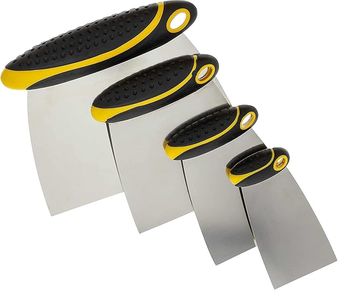 4-Piece Set of Stainless Steel Body Filler and Putty Spreaders/Scraper Set with Handles - Sizes: 2", 3", 4" and 6" | Repairing Drywall, Removing Wallpaper, Applying Putty, Plaster, Cement, Adhesive