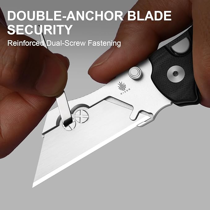 Kizer C01C Uti 1 (Dual-screw Version) Utility Knife, Button Liner Lock Box Cutter EDC Pocket Knife with 5PCS Razor Blades, Black G10 Handle Small Folding Knives with Clip for Men Women, V3488.29JSA3