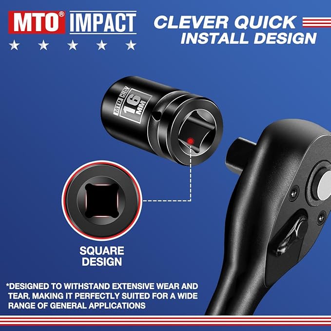 MTO 1/2" Drive 16mm Shallow Impact Socket, 6-Point Metric Socket for Automotive Maintaince, CR-V Steel Meets ANSI Standards