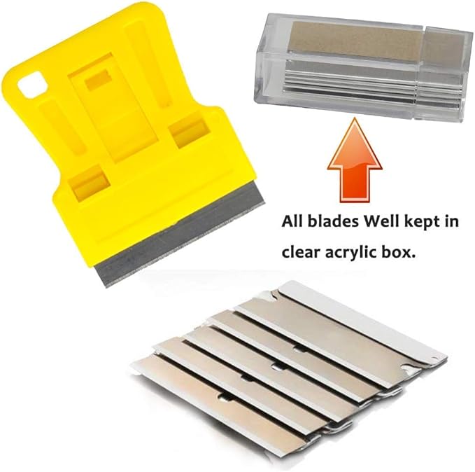 Mini Plastic Razor Blade Scraper High Visibility Bright Yellow Window Scraper Paint Scraper with 5 Spare Metal Razor Scraper Blades Stove Top Scraper Scraping Sticker Decal Residue Label