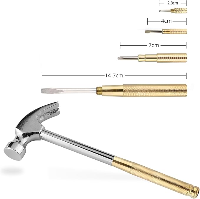 Small Metal Hammer 6 in 1 with Slotted/Flat Head Phillips Screwdriver Claw Hammer Manual, Portable Multifunction Tool Hammer (Gold Silver)