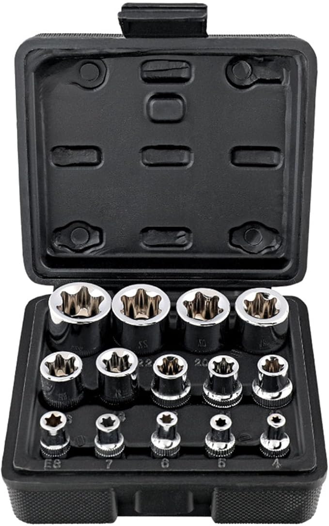 Female E Torx Socket Set with Case, 1/4, 3/8, 1/2 in. Drive E4-E24 External Torque Star Socket Kit, 14Pcs