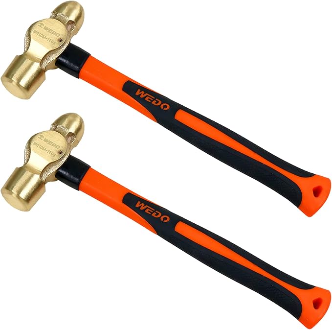WEDO 2PCS Brass Ball Peen Hammer Set, 16 oz+16 oz(1lb+1lb), Brass Ball Pein Hammer Set with Fiberglass Handle, Die-Forged, Corrosion Resistant, DIN Standard