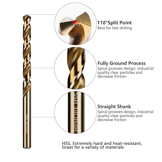 1/4 Inch HSS Twist Drill Bits 10Pcs, HPHOPE 1/4" Jobber Drill Bits Set, Straight Round Shank, Suitable for Drilling in Hard Metal, Stainless Steel, Cast Iron