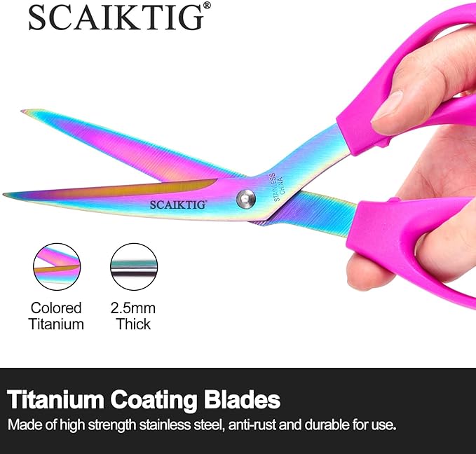 8.5??Bent Fabric Scissors All Purpose Sharp Heavy Duty, Bent Shears for Sewing Crafting Cutting Clothes, Felt, Leather, Paper Supplies, Pink Handle, Titanium Coating Blades, 2-Pack