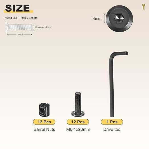 METALLIXITY Furniture Crib Screws Replacement Set with Wrench(M6-1x20mm) 24Pcs, Galvanization Connector Bolt M6 Screw Barrel Nuts Binding Screws, for Chair Cabinet Bed, Black