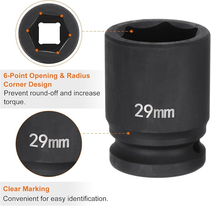 HARFINGTON 6-Point Impact Socket 3/4" Drive 29mm Metric 40Cr Alloy Steel Spindle Axle Nut Impact Socket
