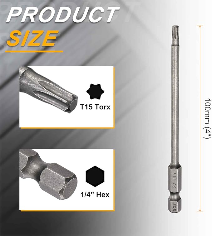 HARFINGTON 2pcs T15 Torx Head Screwdriver Bit 1/4" Hex Shank 4" (100mm) Long Magnetic No Hole Tip Tamper Proof 6 Point Star Screw Driver Drill Bits S2 Steel Industrial Power Screwdrivers