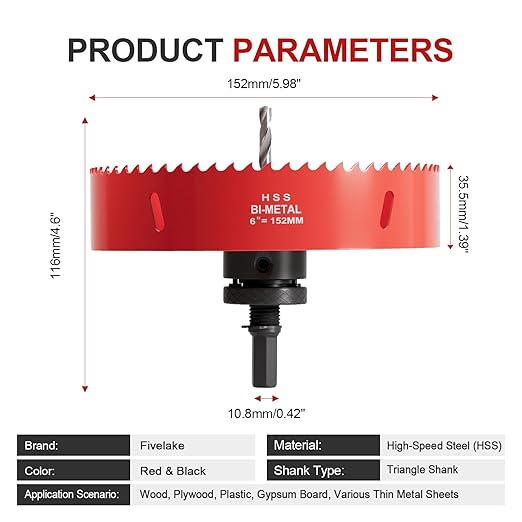 6" (152mm) Bi-Metal M42 High Speed Steel Hole Saw with Pilot Drill Bit, Smooth Cutting Edge for PVC, Drywall, Wood, Plastic, Gypsum Board, Rubber, Thin Metal