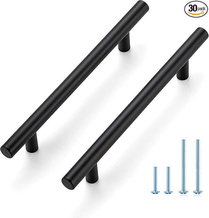 JOY DECOR 30 Pack 7-3/8 Inch Cabinet Pulls Kitchen Cabinet Handles with 5 Inch Hole Center Matte Black Cabinet Hardware Stainless Steel Kitchen Drawer Pulls for Cabinets Cupboard, 128mm Hole Centers