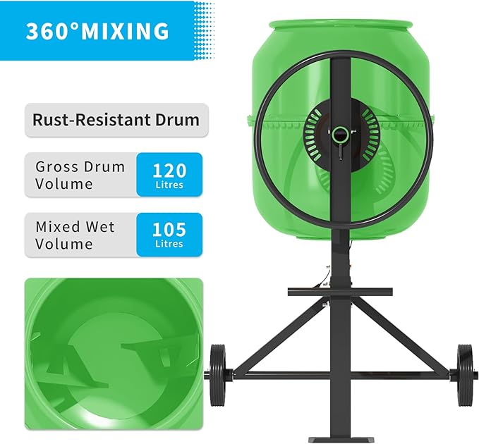 4.5 Cu.Ft. Electric Cement Mixer, 120L Dumb Portable Concrete Mixer with wheel&Stand,120V Mortar For Concreat,Mortar,Feeds and Seeds, Green
