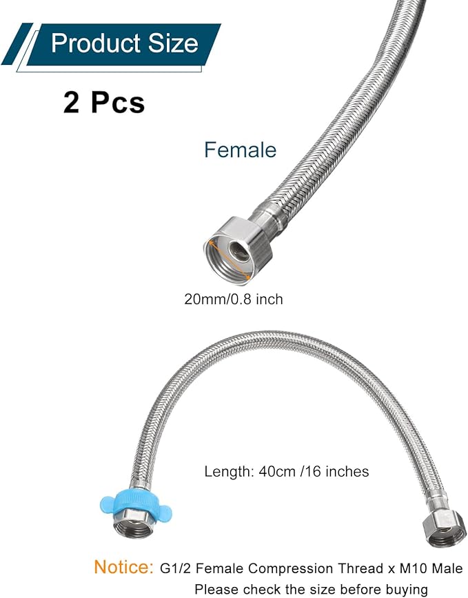 uxcell 2Pcs 16" Faucet Supply Lines Connector Stainless Steel Braided Long Faucet Connector G1/2 Female Compression Thread x G1/2 Female Straight Thread for Kitchen Sink Bathroom (Silver)