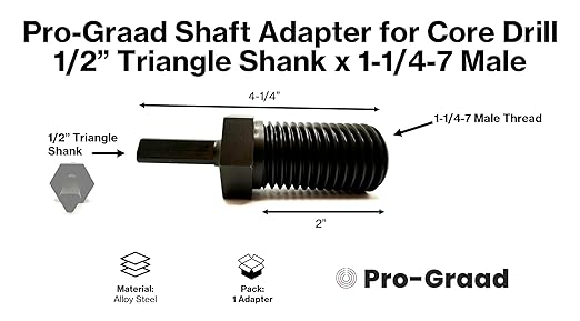 Shaft Adapter for Core Drill Hole Saw, 1/2??Triangle Hex Shank to 1-1/4"-7 Male Threads, for Use with 1-1/4??7 Threaded Diamond Hole Saw & Diamond Core Drill Bits