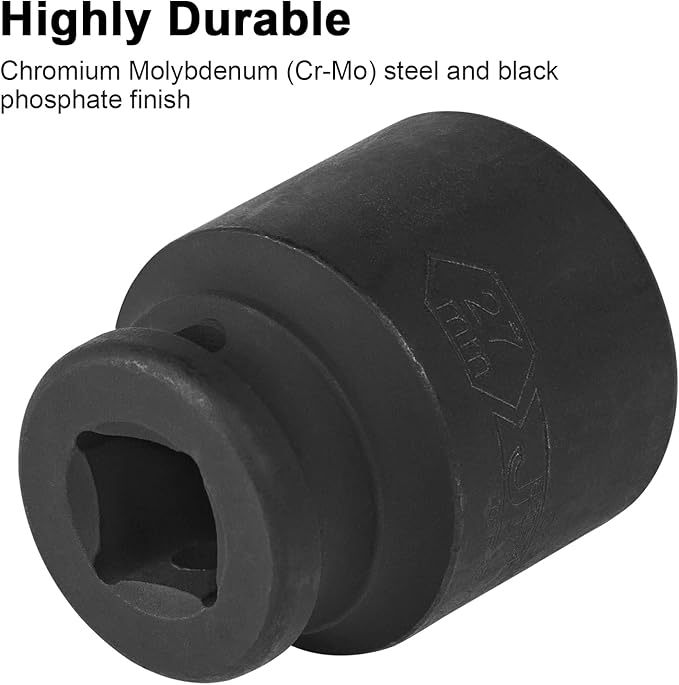 JETECH 1/2 Inch Drive 27mm Standard Impact Socket, Chrome Molybdenum Alloy Steel, 6-Point Design, Metric