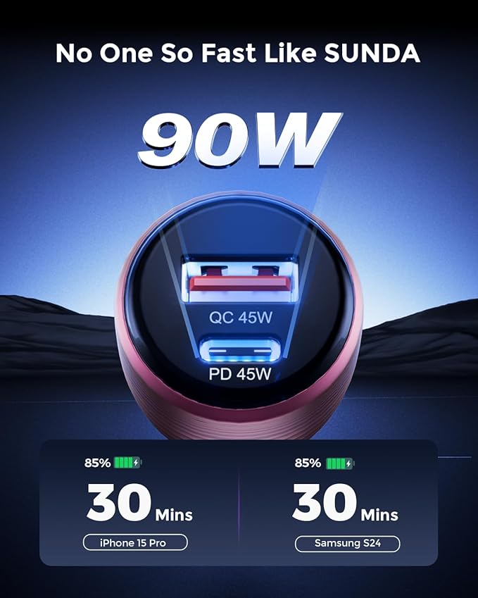 SUNDA 90W USB C Fast Car Charger, 2-Ports Car Charger Adapter, Cigarette Lighter USB Charger PD45W/QC45W QC 3.0 Car Phone Charger for iPhone17/16Pro/Max/iPhone15/Laptop/Galaxy/SamsungS25/S24 (Purple)