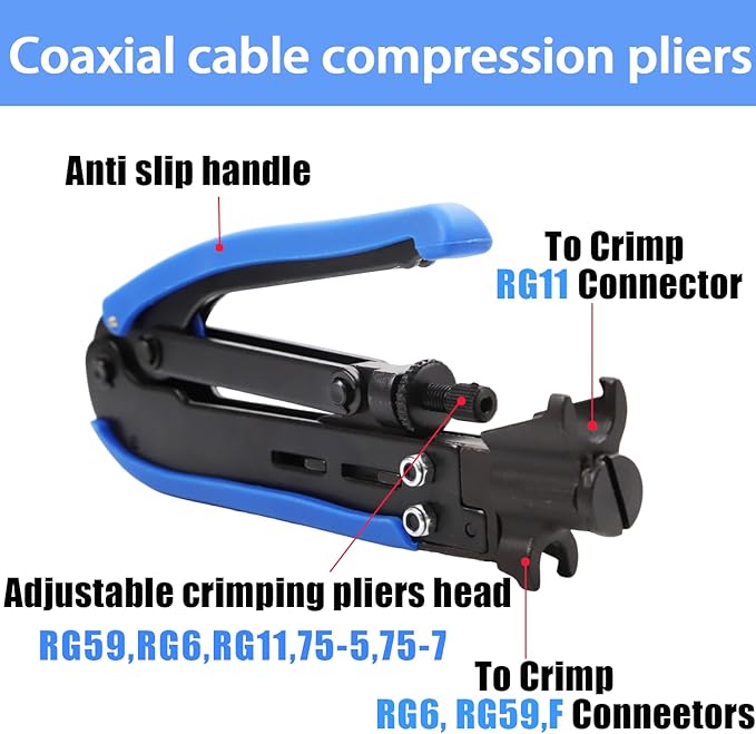 XINTAIHELE RG6 Compression Connectors Coax Cable Crimper Tool Kit,Coaxial Cable Repair F RG6 RG59 Fitting Wire Coax Stripper 20PCS F-Type Male Connector Coaxial Cable 2M