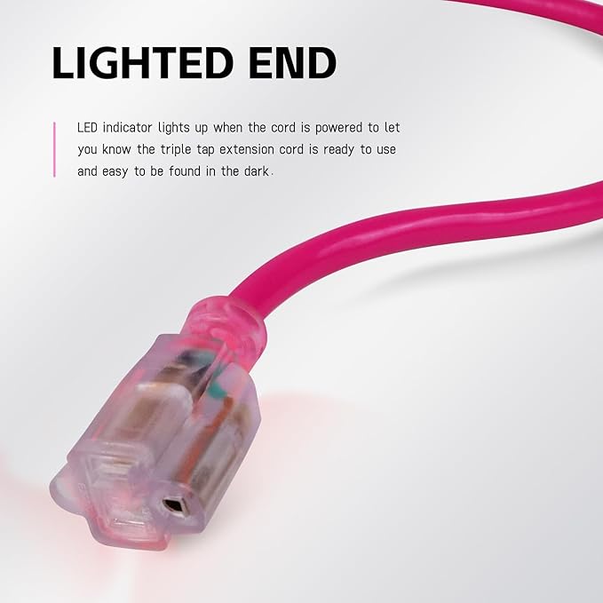 EP 50Ft Outdoor Extension Cord, 12/3 SJTW Heavy Duty Waterproof Power Cable, 3 Prong Grounded Plug, Lighted End, for Lawn, Garden, Appliances, Pink
