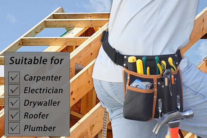 Tool Belt,Morrales de Construccion,Carpenter Tool Belt,Leather Tool Pouch,Comes with an Adjustable Padded Belt,Large-Capacity Tool Pouches,a Hammer Holder