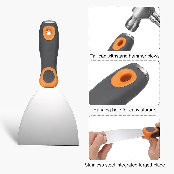 uxcell Putty Knife 4" Stainless Steel Paint Scraper Flexible Drywall Repair Mud Knife for Removing Cement Wallpaper Mud Adhesive Taping with Metal Hammer End