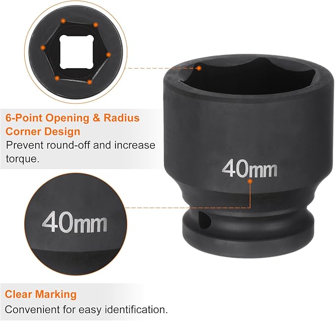 HARFINGTON 6-Point Impact Socket 3/4" Drive 40mm Metric 40Cr Alloy Steel Spindle Axle Nut Impact Socket