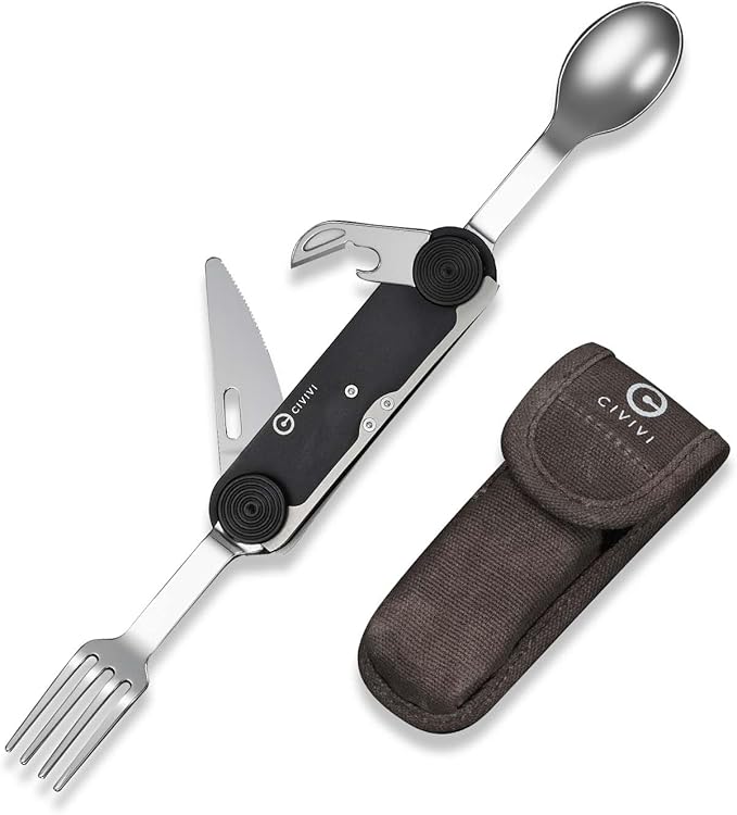 CIVIVI Partake 4-in-1 Camping Utensil, Detachable Stainless Steel Folding Knife, Fork, Spoon & Bottle Opener Multi-Tool, with Waxed Canvas Pouch for Travel Camping Hiking C24032C-1, Black