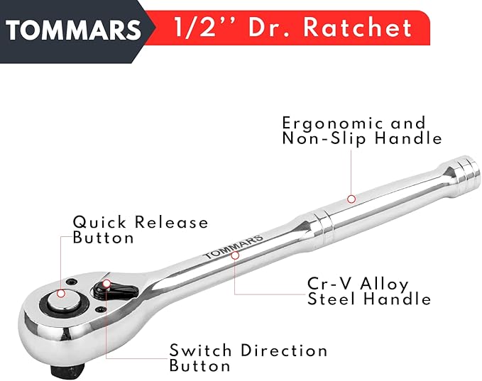 TOMMARS 1/2" Drive Ratchet Socket Wrench, 72-Tooth Quick-Release Socket Ratchet Wrench Reversible, Gifts for Men Mechanic Hand Tools