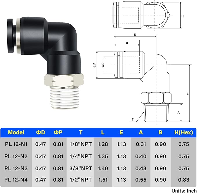 TAILONZ PNEUMATIC Male Elbow 12mm Tube OD x 1/8 Inch NPT Thread 90 Push to Connect Fittings PL12-N1 (Pack of 5)