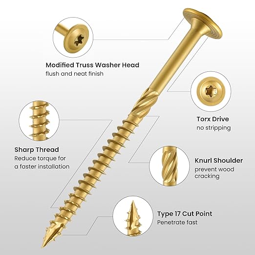 Lag Screws #14 x 3-1/2 Inch, (5lb, 181pcs) Heavy Duty Construction Structural Exterior Wood Timber Screws, Torx Drive Washer Head Rust Resistant Golden Epoxy Coated, with T30 Star Bit