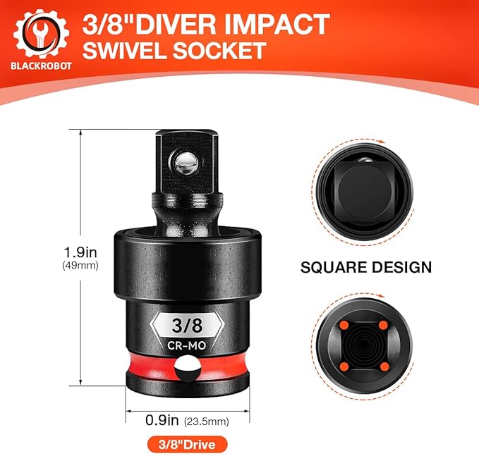 BLACKROBOT 3/8" Drive Impact Universal Joint Set, CR-MO Swivel Socket Adapter for Automotive & Motorcycle Repair, Flexibly Reach Tight-Angle Fasteners