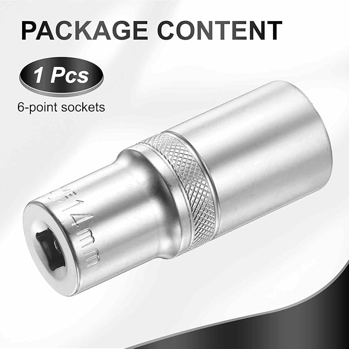 HARFINGTON 6 Points Deep Socket 1/4" Drive 14mm Deep Metric CR-V Steel Polished Nickel Plating Flip Sleeve 50mm / 2" Extra Long Socket Tool for Home Auto Nuts Bolts Repair
