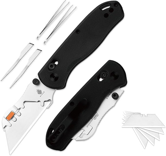 Kizer Uti Bear(Tool-Free Version) Folding Utility Knife, Quick Change Box Cutter EDC knife with 5PCS Razor Blades, Clutch Lock & Pocket Clip Small Pocket Knives for Men Women V3619JM2