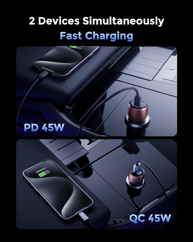 SUNDA 90W USB C Fast Car Charger, 2-Ports Car Charger Adapter, Cigarette Lighter USB Charger PD45W/QC45W QC 3.0 Car Phone Charger for iPhone17/16Pro/Max/iPhone15/Laptop/Galaxy/SamsungS25/S24 (Purple)