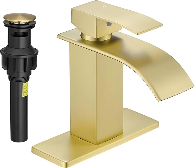FRANSITON Black Waterfall Bathroom Faucet Lavatory Single Handle 1 or 3 Hole Bathroom Sink Faucet Washbasin Faucet with Deck and Pop-up Drain (Brushed Light Gold, Short)