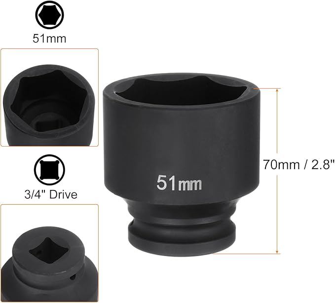 HARFINGTON 6-Point Impact Socket 3/4" Drive 51mm Metric 40Cr Alloy Steel Spindle Axle Nut Impact Socket