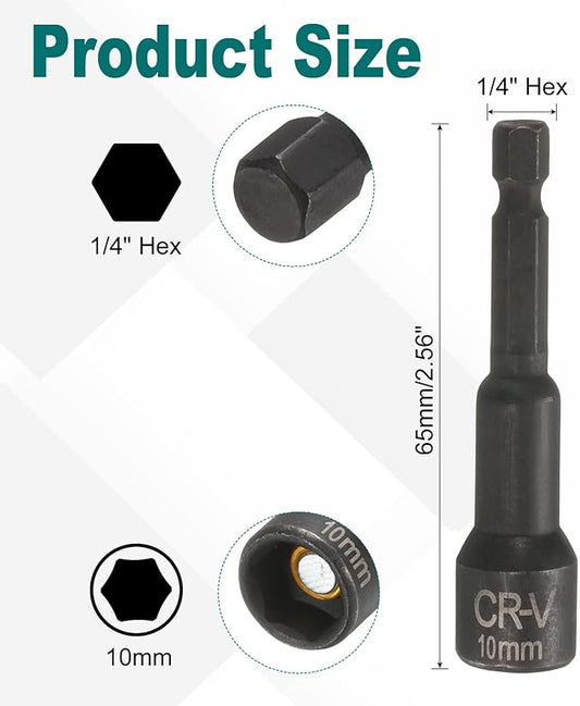 uxcell 2Pcs 1/4" Hex Shank 10mm Magnetic Hex Socket 65mm Length, CR-V Steel Quick-Release Impact Driver Socket Wrench Screw for Impact Drill Power Nut Setter