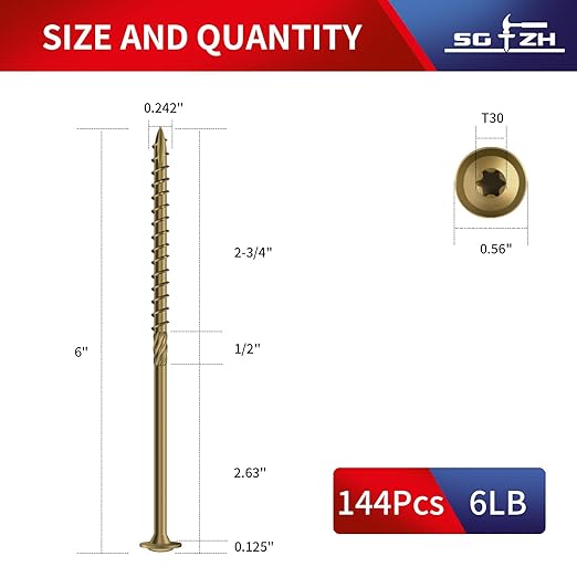 #14 x 6 Inch Lag Screws (144Pcs) 6lb. Structural Wood Screw, Bronze, Carbon Steel, Washer Head, Rust Resistant epoxy Coated, T30 Star Bit