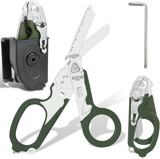 6in1 Multi function Trauma Shears for Nurse EMT(With Holster+Torx Wrench), Stainless Steel Sharp Scissor With Seatbelt/Cord Cutter, Tungsten Window Smasher, Oxygen Tank Wrench And Ring Cutter（Green）