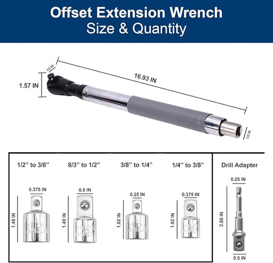 1/2" Offset Extension Wrench Impact for Electric Drill with 3/8" & 1/4" Adapters set , Universal Offset Extension Wrench Set, 17-Inch Heavy Duty with 5 Adapters, Forward/Reverse Switch for Automotive