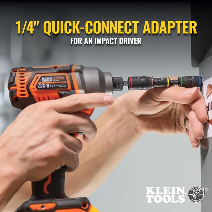 Klein Tools 32907 Impact Driver, 7-in-1 SAE Impact Socket Set, Flip Socket Set with 1/4, 5/16, 11/32, 3/8, 7/16 and 1/2-Inch Nut Driver Sizes and 1/4-Inch Bit Holder, 5-Inch Shaft