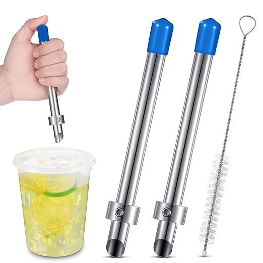 Lasnten 2 Pack Straw Puncher for Plastic Lids Lemonade Cups, Stainless Steel Straw Hole Puncher Punching Tools for Cafe Drinks Fresh Squeezed Lemonade Stand Supplies (6.3 Inch,Blue)
