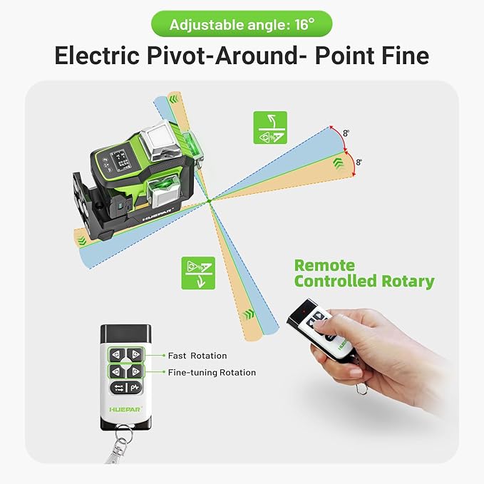 Huepar 360 Laser Level with Electric Pivot Around Point Fine Adjustment and Angle Display Screen, Rechargeable Battery, 1/13-inch High precision Self Leveling Lazer Leveler, Pluse Mode