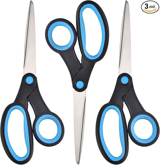 Left Handed Scissors for Adults, 8 Inch Lefty Scissors Bluk for big Kids Student, All Purpose Sharp Blades Shears Set(3 pcs), Great for Craft, Office, Sewing Fabric, Arts, School and Home, Black/Blue