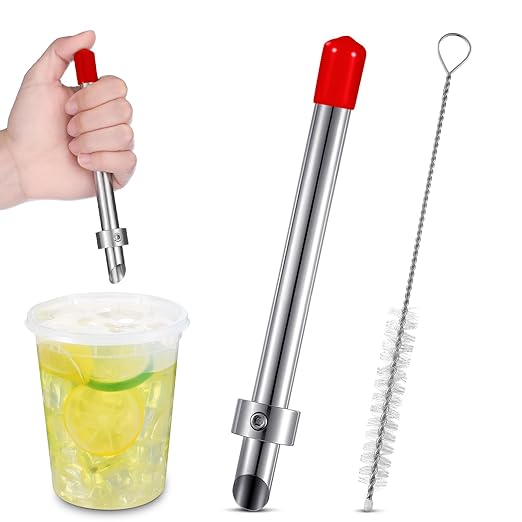 Lasnten 1 Pack Straw Puncher for Plastic Lids Lemonade Cups, Stainless Steel Straw Hole Puncher Punching Tools for Cafe Drinks Deli Container Fresh Squeezed Lemonade Stand Supplies(6.3 Inch,Red)